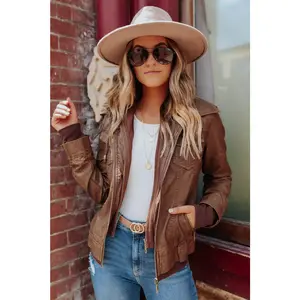 Hooded Sweatshirt Vegan Leather Camel Jacket