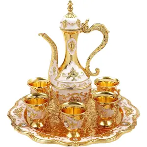 Turkish Tea Set, Vintage Turkish Coffee Cups Set with Pot and 6 Cups,Turkish Tea Glasses for Home Decor Birthday Christmas Housewarming Wedding ﻿ (Gold, White)