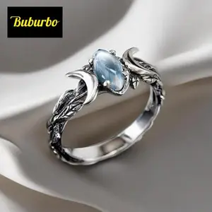 Buburbo  Vintage Women Bohemian Triple Moon Phase Ring Natural Moonstone Moon Ring Engagement Party Wedding Jewelry Rings Anillos