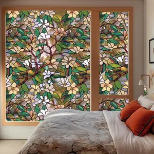 Flower Pattern Stained Glass Window Film, Colorful Window Privacy Film, Vintage Window Decal for Home Living Room Bedroom Decor Stickers, Adhesive Stickers, Self Adhesive Film, Flower Design, Floral Pattern Sticker