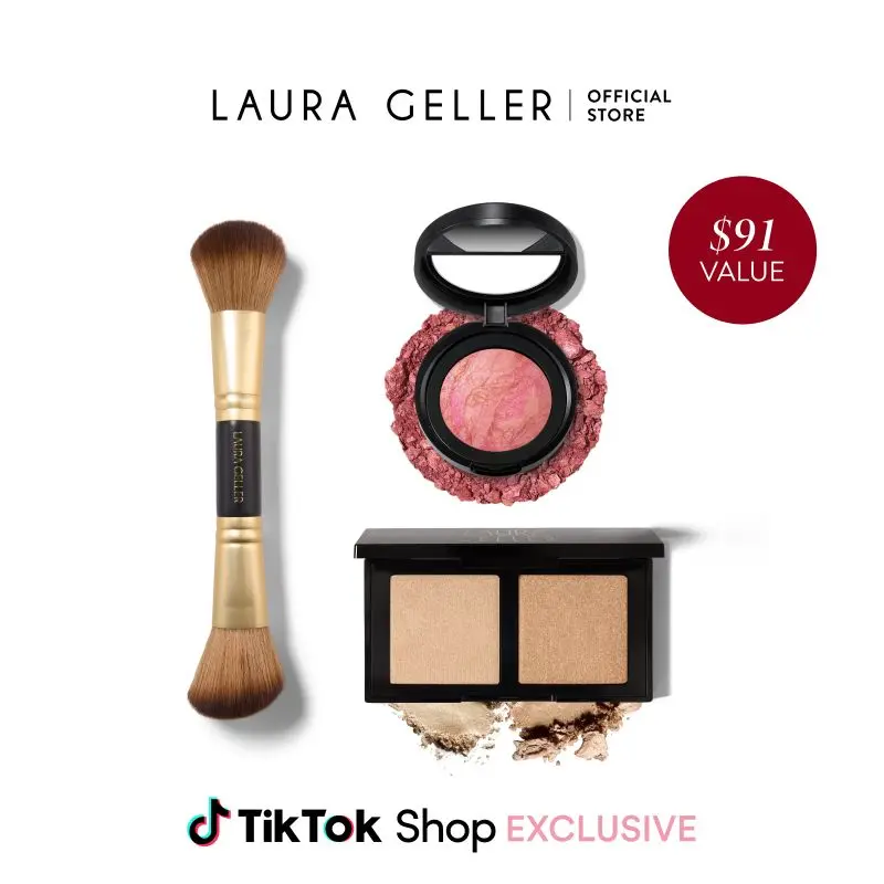 Laura Geller Live Exclusive Blush and Bronze Kit with Hi-Def Glow Illuminator Duo, Blush, & Dual-Ended Brush for Radiant Glow - Makeup