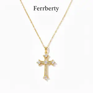Ferrberty 14K Gold Cross Necklace, Dainty Simple Elegant Pendant With Sparkling Diamond & Enamel, Hypoallergenic Brass Jewelry, Dazzling for Party & Daily Wear, Perfect for BlackFriday, Christmas, MothersDay, Halloween, New Year Gift