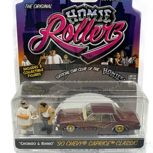 DGA x Greenlight Homie Rollerz 1990 Chevrolet Caprice Hard Top Burgundy Diecast Metal 1/64 Scale with Chorizo & Rhino Collectible Figures