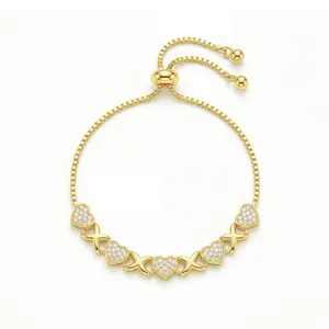 Gold Heart Link Bracelet – Adjustable Dainty Chain with Sparkling CZ Diamonds, Elegant XO Love Design, Perfect Gift for Girlfriend, Wife, Birthday, Valentine’s Day & Anniversary