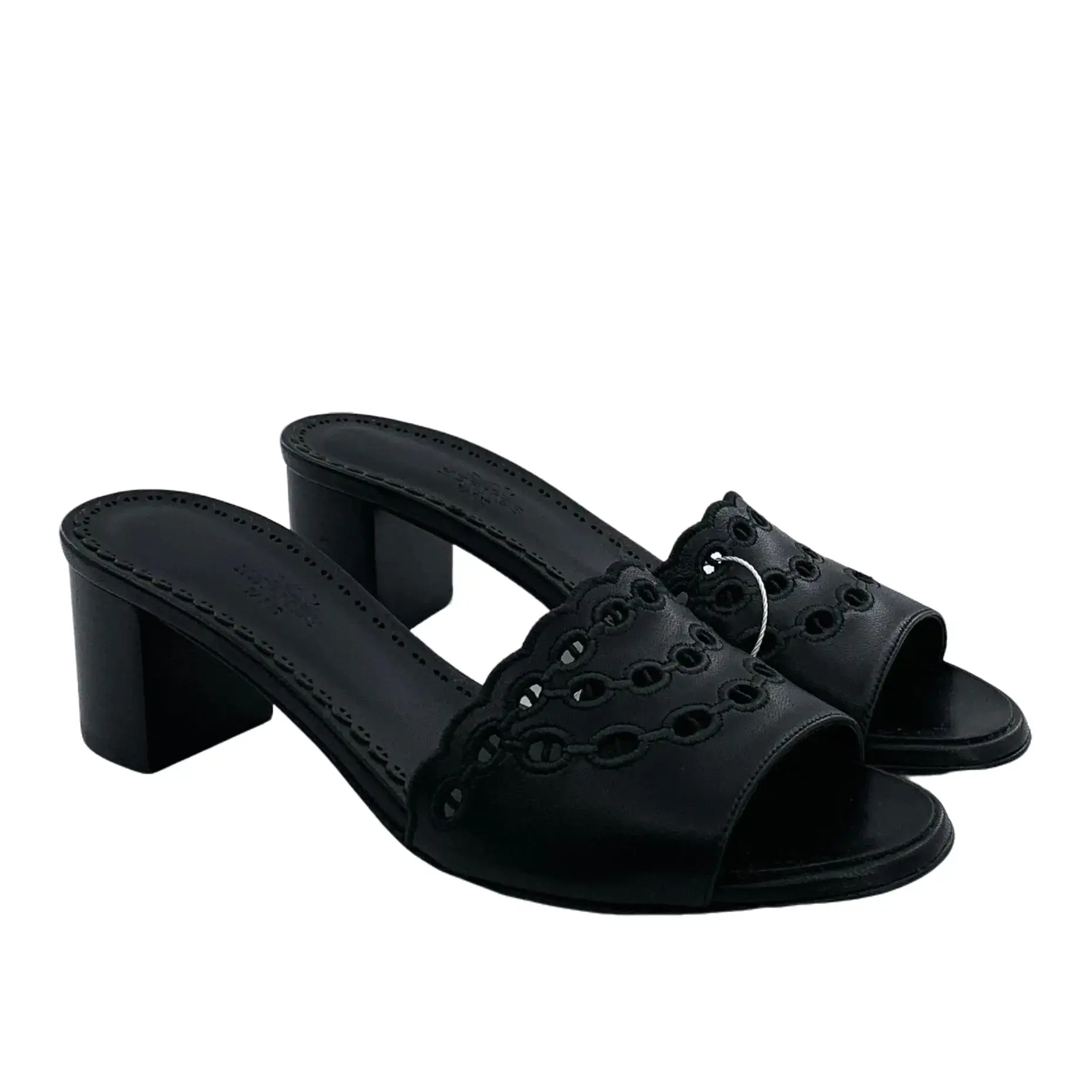 RDLT-Hermès Size 38 Gwladys Black Cutout Block-Heel Slide Sandals with Lock Buckle-J37494