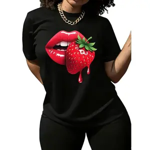 Women S Casual T Shirt Featuring Strawberry Lip Print Comfortable Fit Short Sleeve Machine Washable Ideal for Spring Summer and Fall Perfect Gift for Sisters
