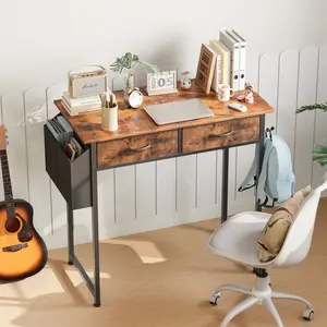 Rustic Industrial Writing Desk 32 - Modern Two-Level Workstation with Fabric Storage, Headphone Hook & Stabilizing Legs (Warm Rust Brown)