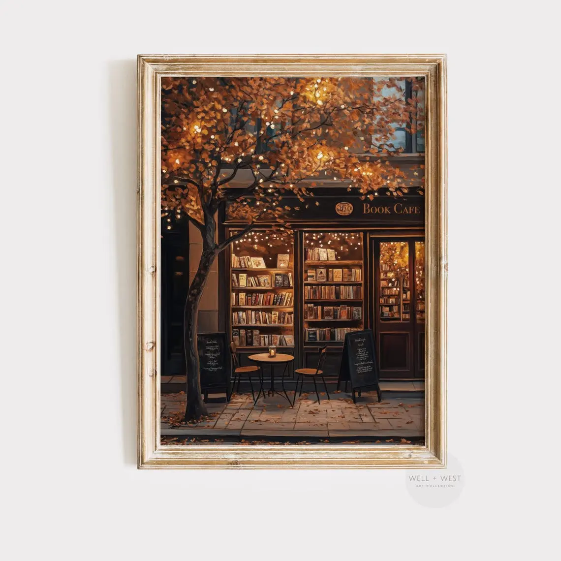 Autumn Coffee Shop Poster | Moody Bookstore Art | Cozy Cafe Fall Poster | Thanksgiving Decor | Book Lover | Dark Aesthetic Art