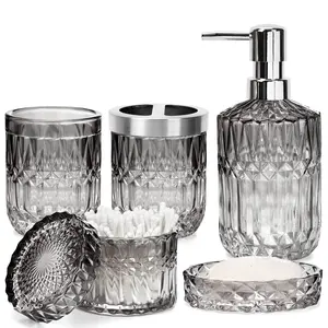 5-Pack Modern Black Glass Bathroom Decor Set - Complete Bathroom Accessories Kit Including Soap Dispenser, Soap Dish, Toothbrush Holder, Tumbler, Cotton Swab Jar - Farmhouse Counter Decor, Housewarming Gift