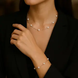 PEARLISM Freshwater Pearl Starry Night Set Bracelet and Necklace S925 silver chain.Jewelry set necklace and bracelet.Gift for her.Festival gift.Pearl jewelry set.White pearl necklace bracelet. -JFSS001