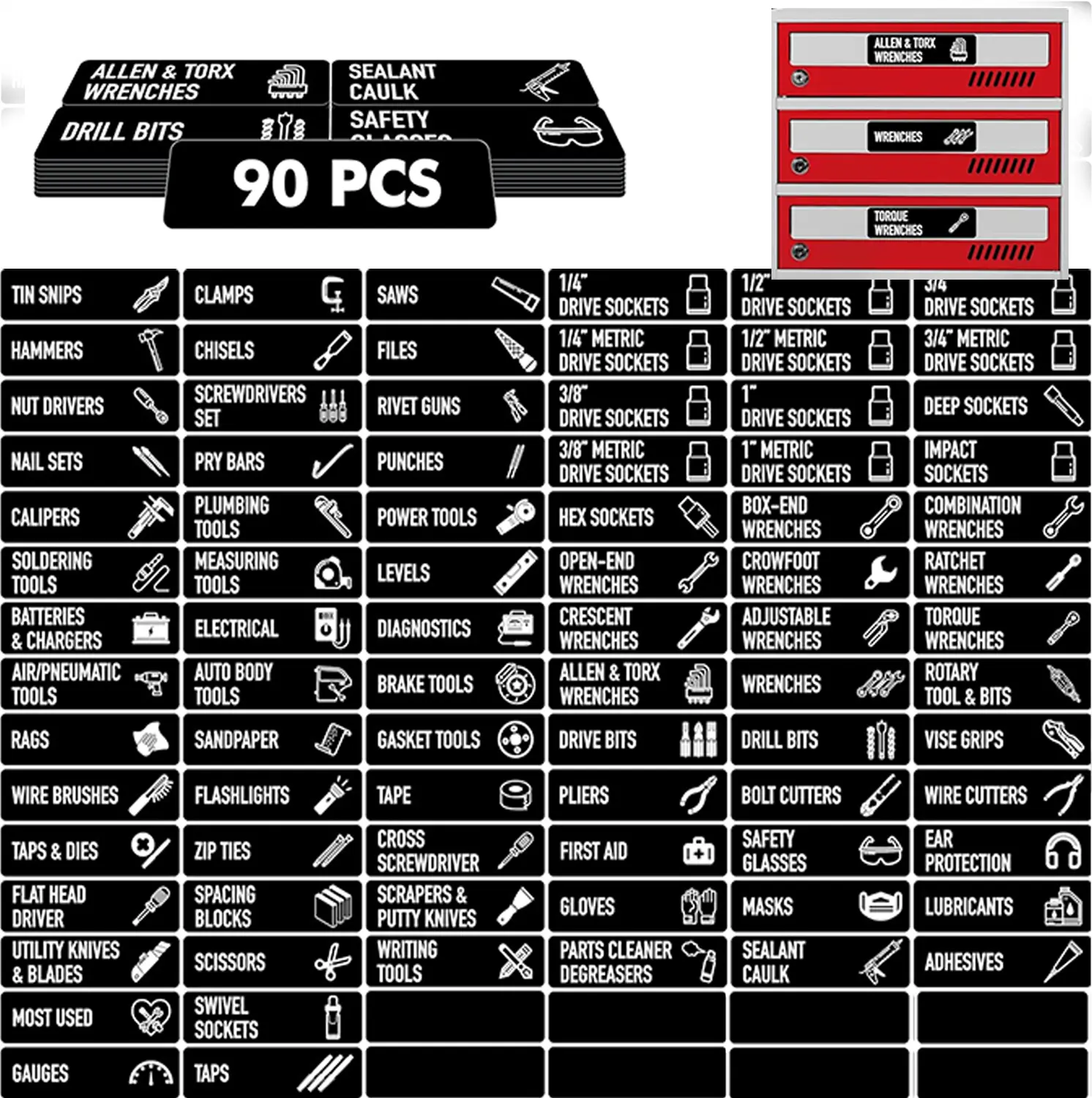 Magnetic Toolbox Organization Labels,90 Magnetic Tool Chest Stickers, Tool Accessories for Tool Box Drawers, Fits All Brands of Steel Tool Chest Organizer-3.5x 1 Inches