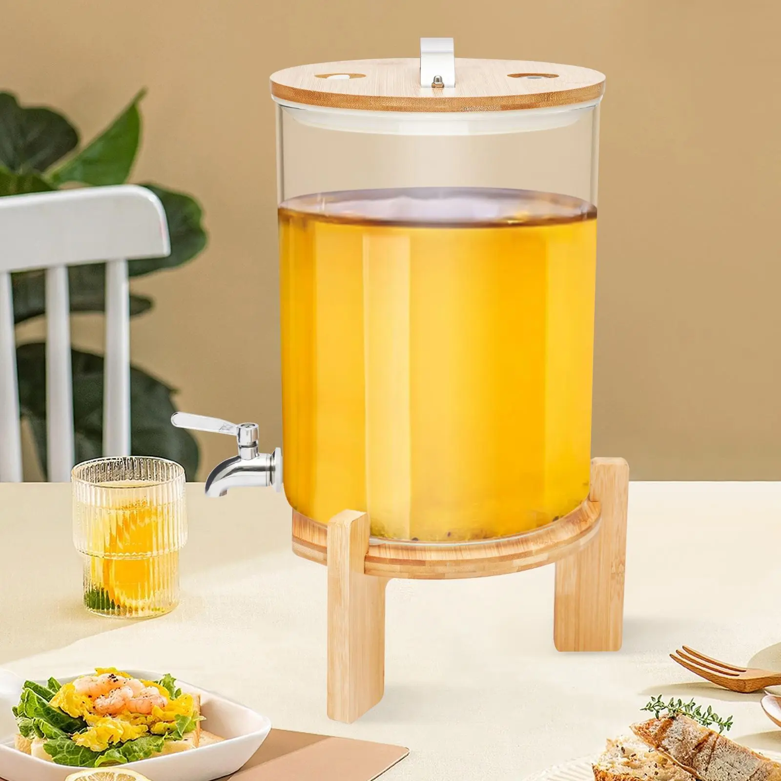 2-Gallon Glass Drink Dispenser with Bamboo Stand, Cleaning Feature - Kitchen Preserving Container for Parties, Bars