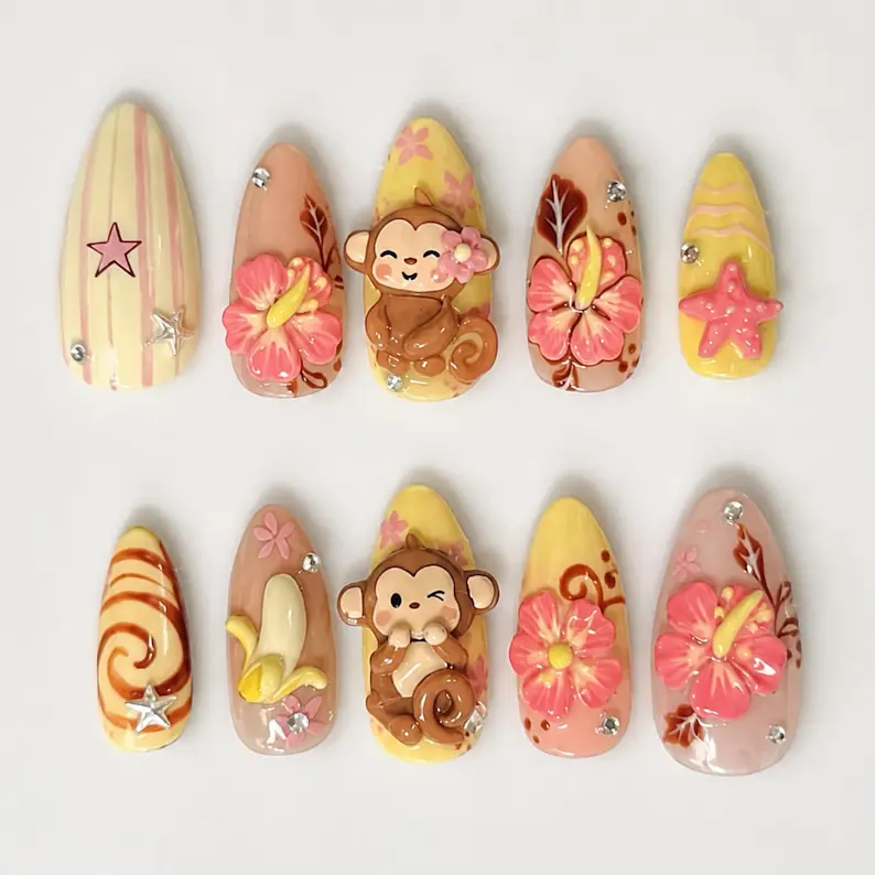 Handmade Press On Nails Tropical Theme  3D Cute Monkey, Pink Hibiscus & Banana Almond Fake Nails