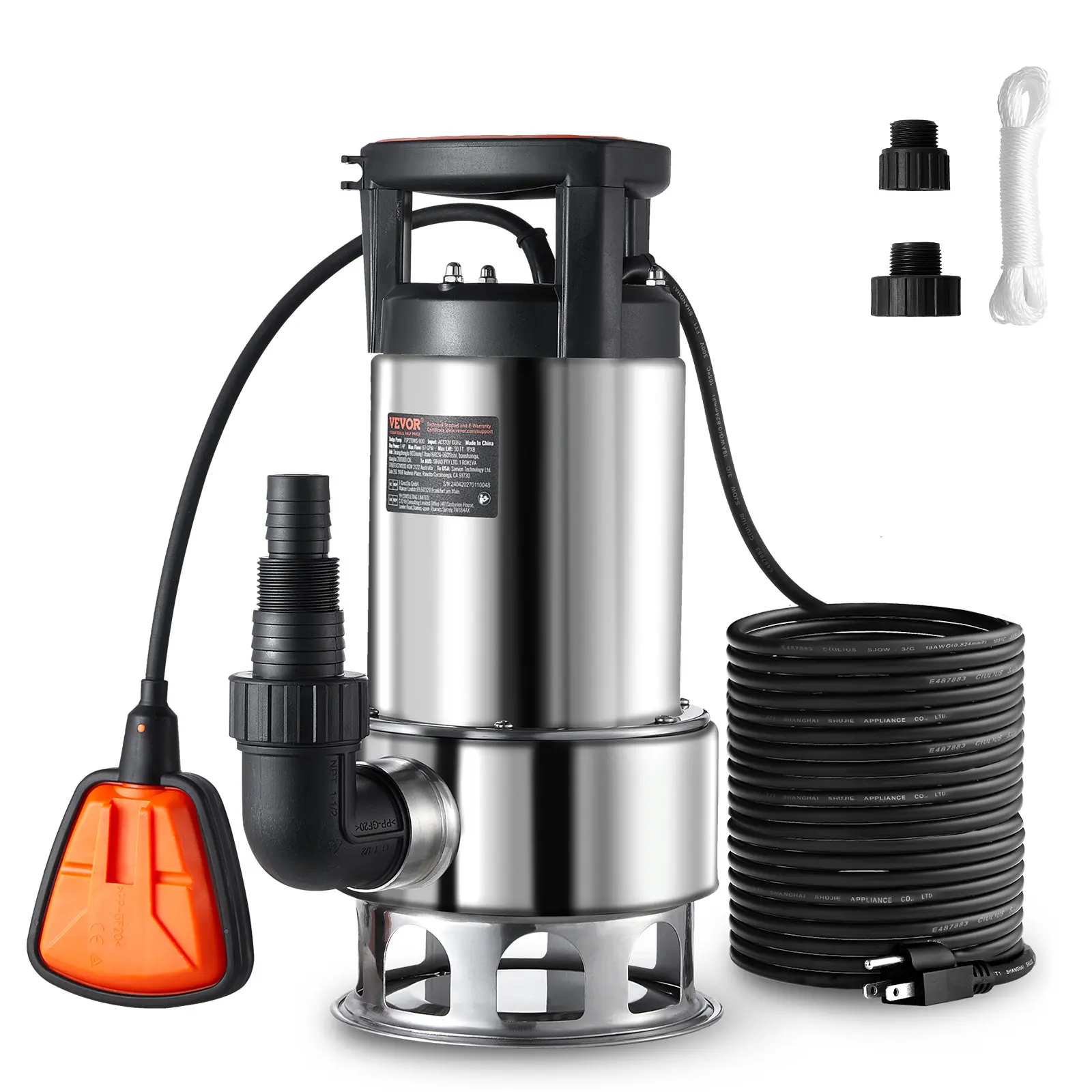 VEVOR Heavy Duty 1HP Stainless Steel Submersible Sump Sludge Pump, 4020GPH, 30FT Lift, 26FT Power Cord, Automatic ON/OFF Float Switch, Hose with Copper Connectors, NPT 3/4" Fits Standard Garden Hoses, for Basement Floods, Waste Management, 67Gpm, Ipx8 Sea