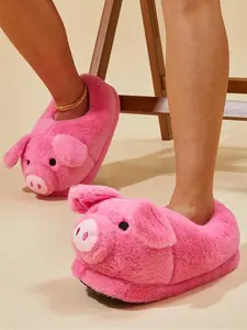 Women's Cute Pig Design Plush Slippers, Fun Soft Comfortable Home Slippers, Warm Slippers for Indoor & Outdoor Use for Fall & Winter