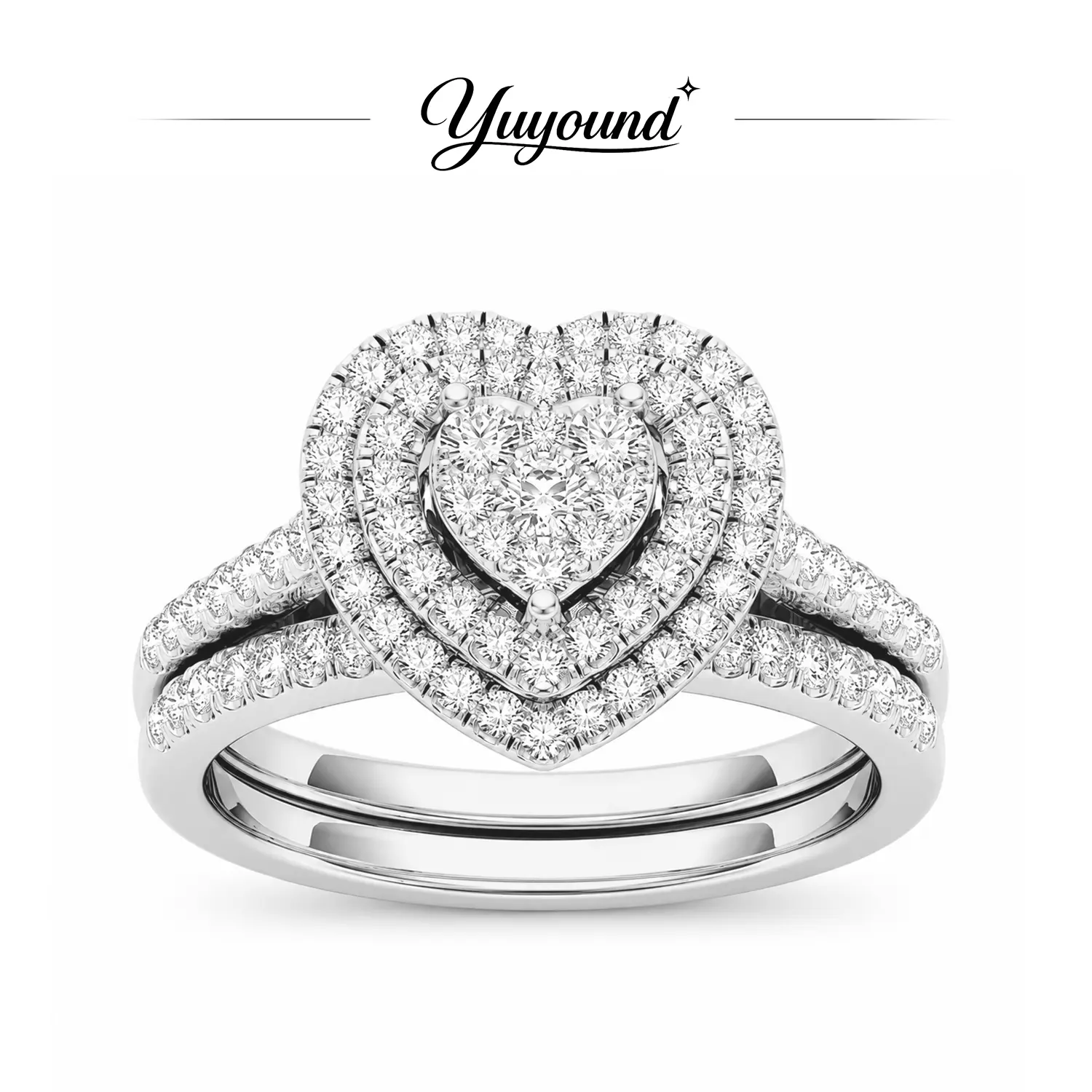 Heart Shaped Cubic Zirconia Ring Set, Women's Double Band Inlaid Promise Ring, Fashion Wedding Couple Ring Jewelry