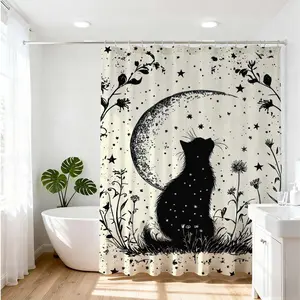 1pc Mystic Cat and Moon Bath Curtain Shower Curtain Bathroom Decoration Accessories for Stylish Home Bathroom Design Renovation Decor Ideas