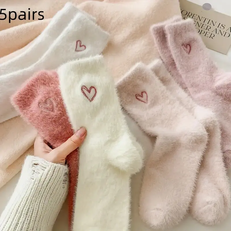 Women's Long Ankle Socks, Soft Heart Embroidery Design, Thick Warm Fuzzy Winter Footwear, Daily & Outdoor Use, Cozy Comfortable Socks, Soft Comfy Socks, Fluffy Socks
