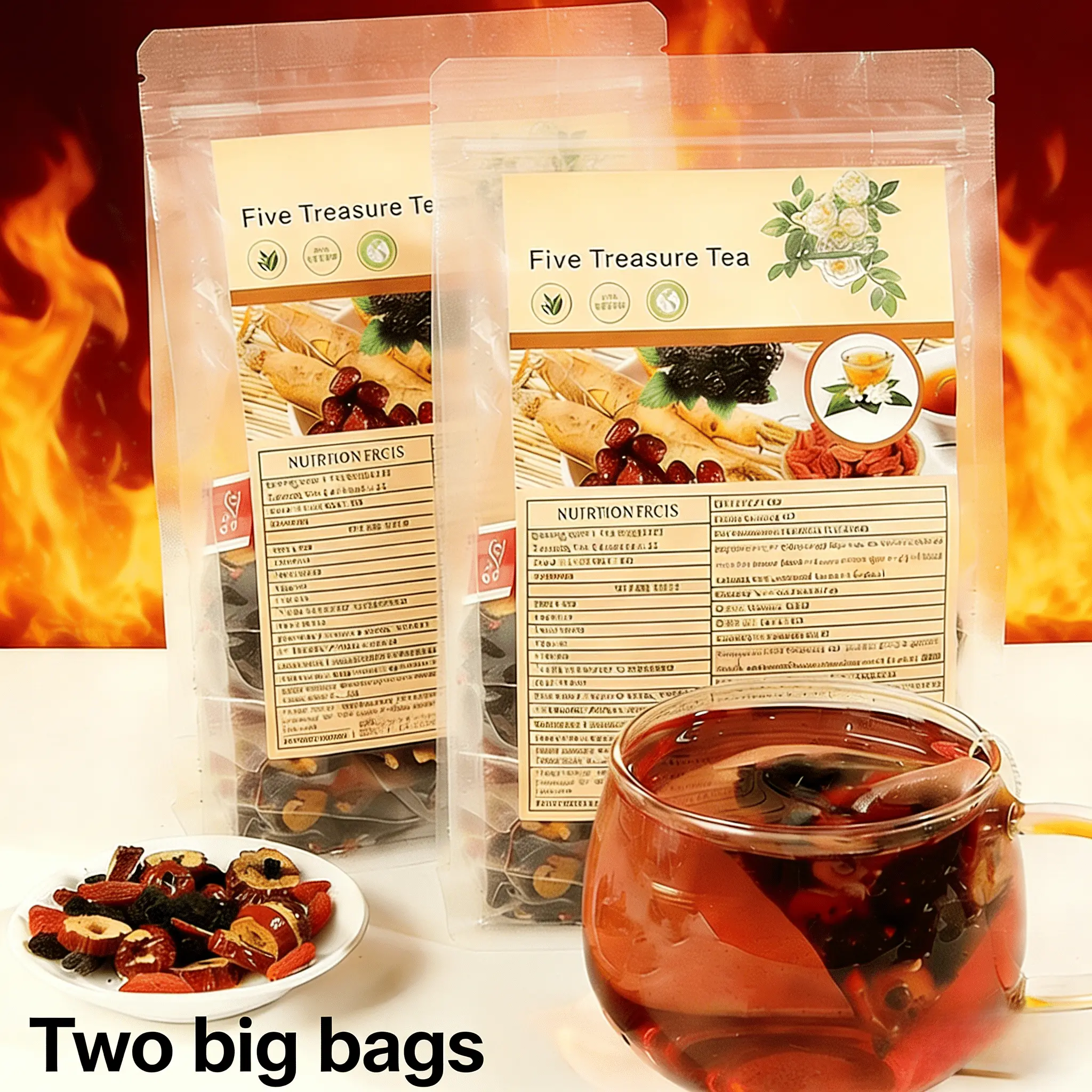 Organic Ginseng 5-Treasures Herbal Tea Bags, 250g Large Package, Sugar-Free Caffeine-Free Chinese-Style Nourishing Blend with Goji Berries, Maca, Mulberries, Traditional Formula for Fatigue Relief, Kidney Support, Immune Support, Healthy Lifestyle