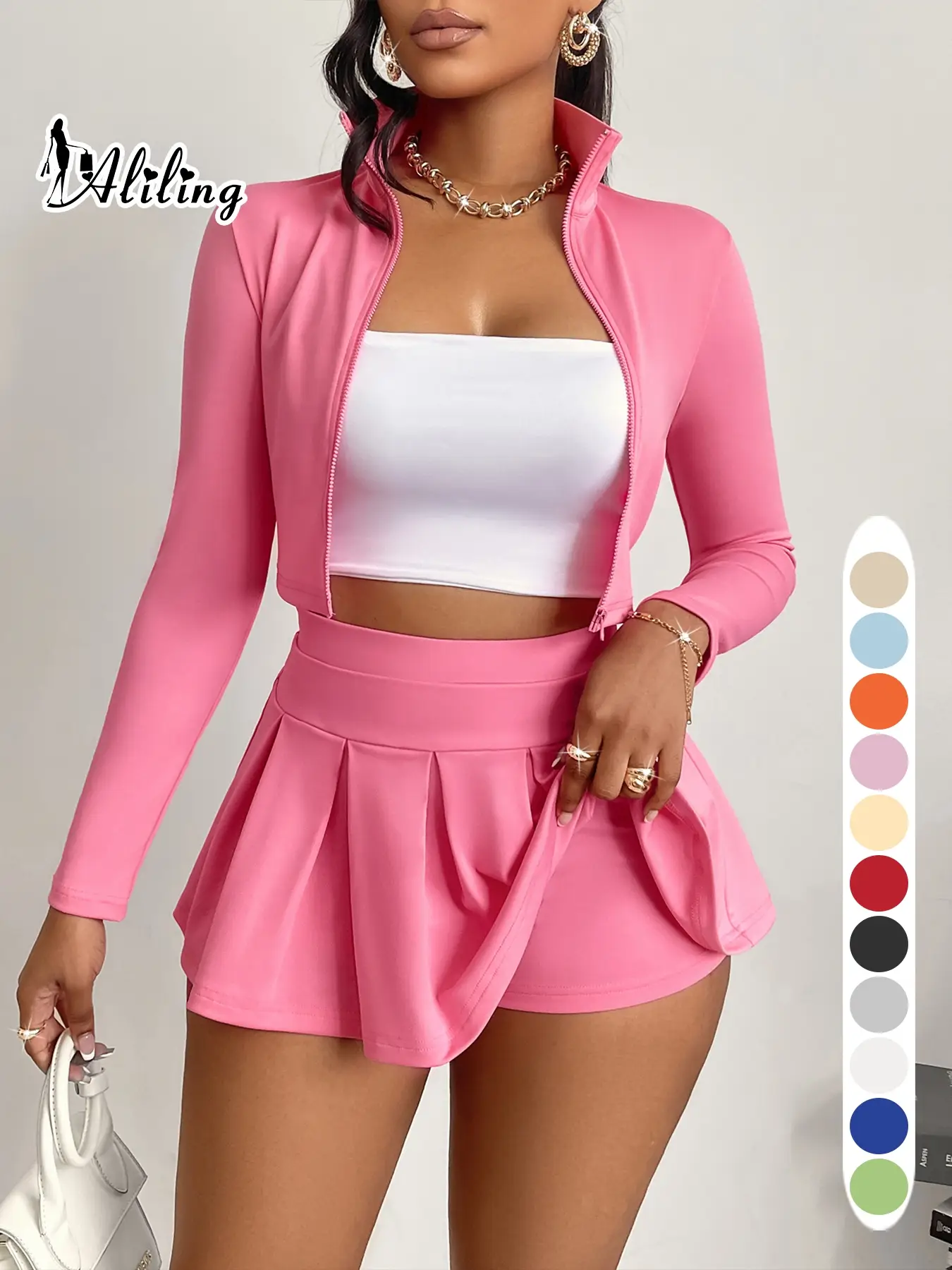 Aliling Women's Solid Zip Up Crop Jacket & High Waist Skirt Two-piece Set, Casual Fashion Cozy Two Piece Outfits for Daily Outdoor Wear, Women Clothes