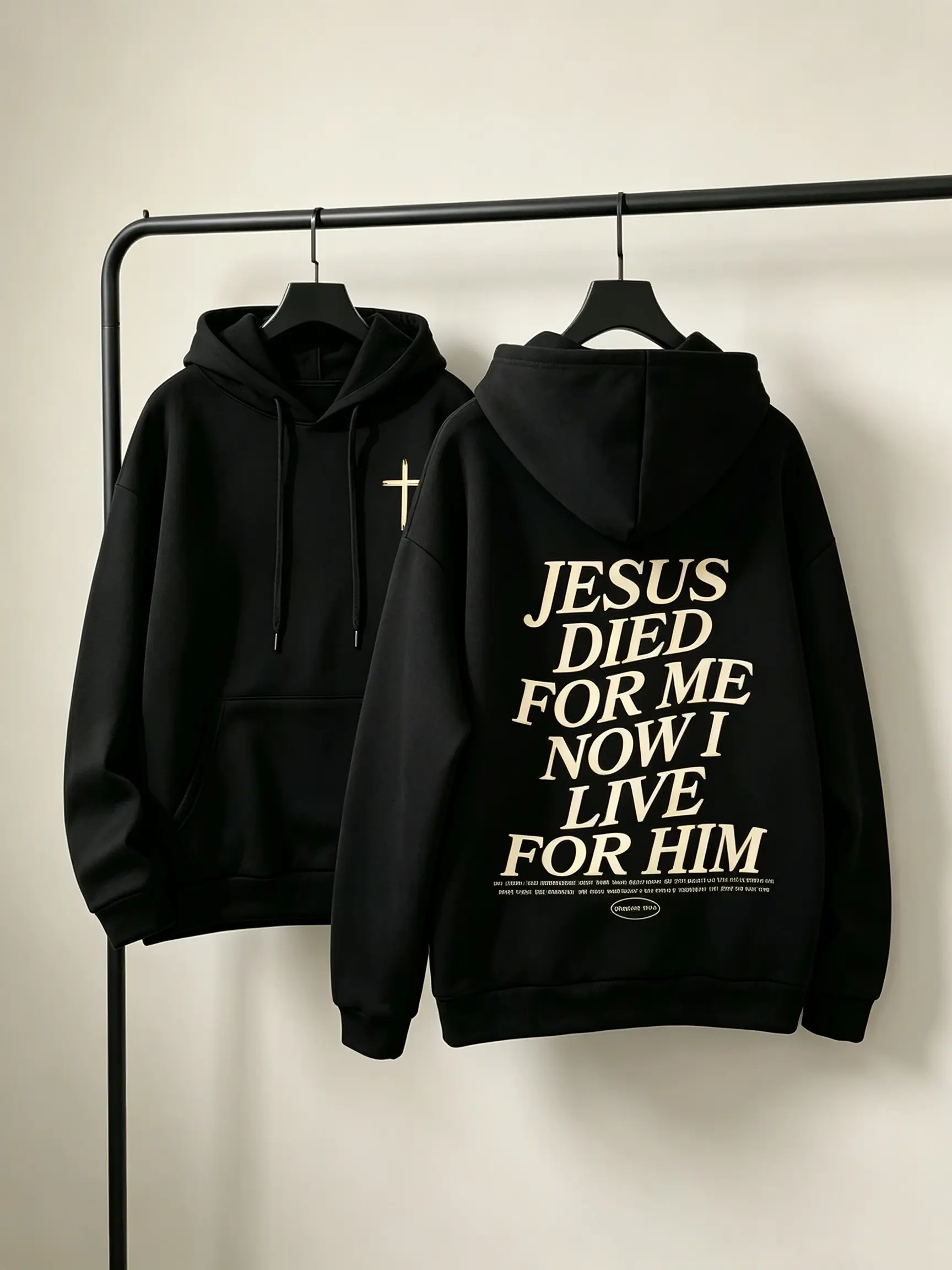 Double Sided Print Jesus Died For Me Hoodie, 270G Brushed Fleece Oversized Black Hooded Sweatshirt, Front Minimal Gold Chest Cross & Back Vertical Stacked Scripture Letter Print, Vintage Faith Christian Streetwear Pullover For Men Women & Teenagers