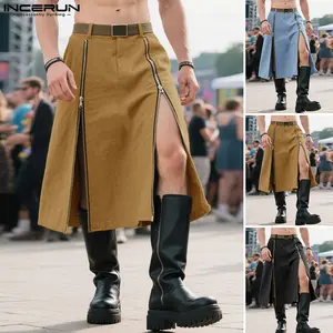 INCERUN Men's Solid Color Cotton Bottom Skirt - Dual-Zipper Design, Comfortable Fit, Essential Menswear Basics, Mensfashion Clothes Item