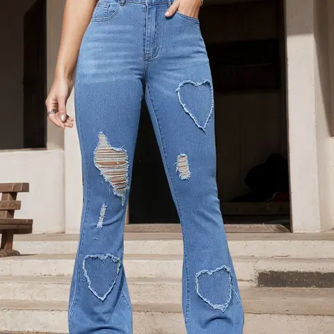 New Women'S High-Stretch Flare Jeans With Heart Embroidery Patchwork - Trendy Distressed Denim Bell Bottoms, Comfortable & Versatile Light Blue Casual Pants, Fashion And Leisure
