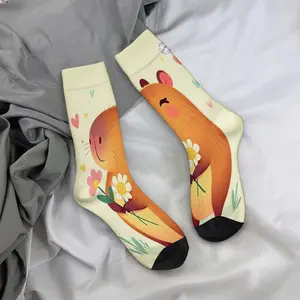 Illustration of a capybara holding a flower and smiling; mid-calf socks, casual and sporty style - soft and comfortable.