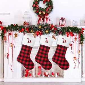 20 inches Large Initial Monogram Christmas Stocking Red Black Buffalo Plaid Personalized Christmas Stockings with Embroidered Letters Initial Christmas Stockings for Xmas Holiday Fireplace Decor (S)