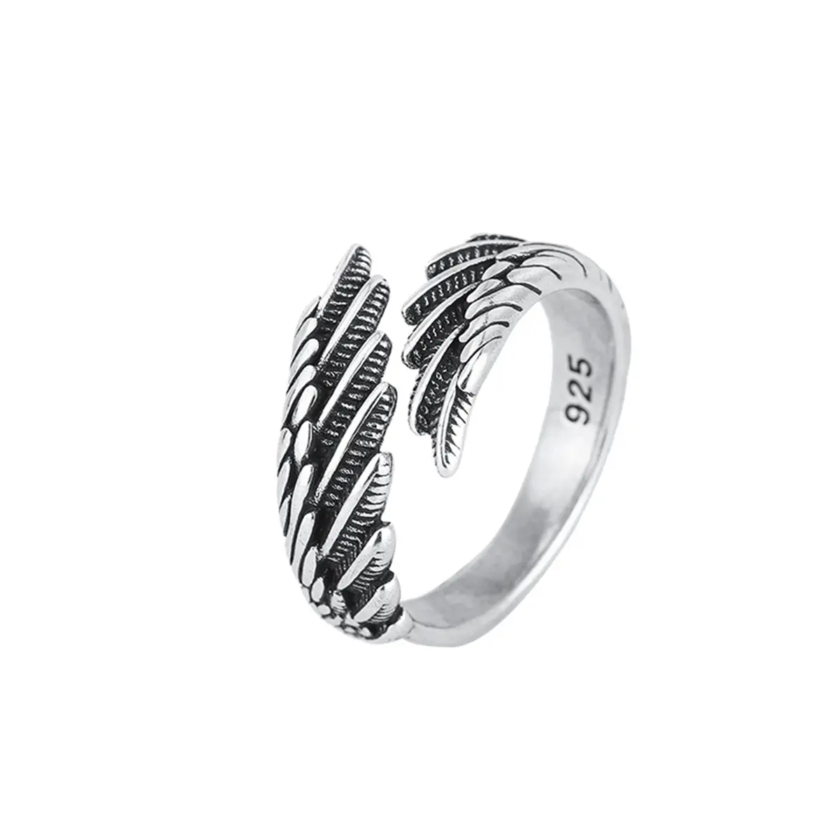 Oxidized Angel Wing Ring in S925 Sterling Silver, Adjustable Nickel-Safe Band for Men, Spiritual Men's Accessories for Ceremony, Thanksgiving
