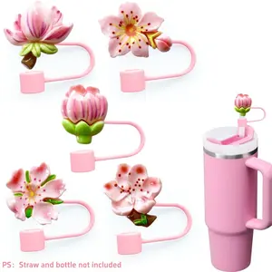 Sakura Flower Design Straw Tip, Reusable Dustproof Straw Cover, Decorative Beverage Straw Topper for Sports Water Bottle Tumbler, Straw Protector
