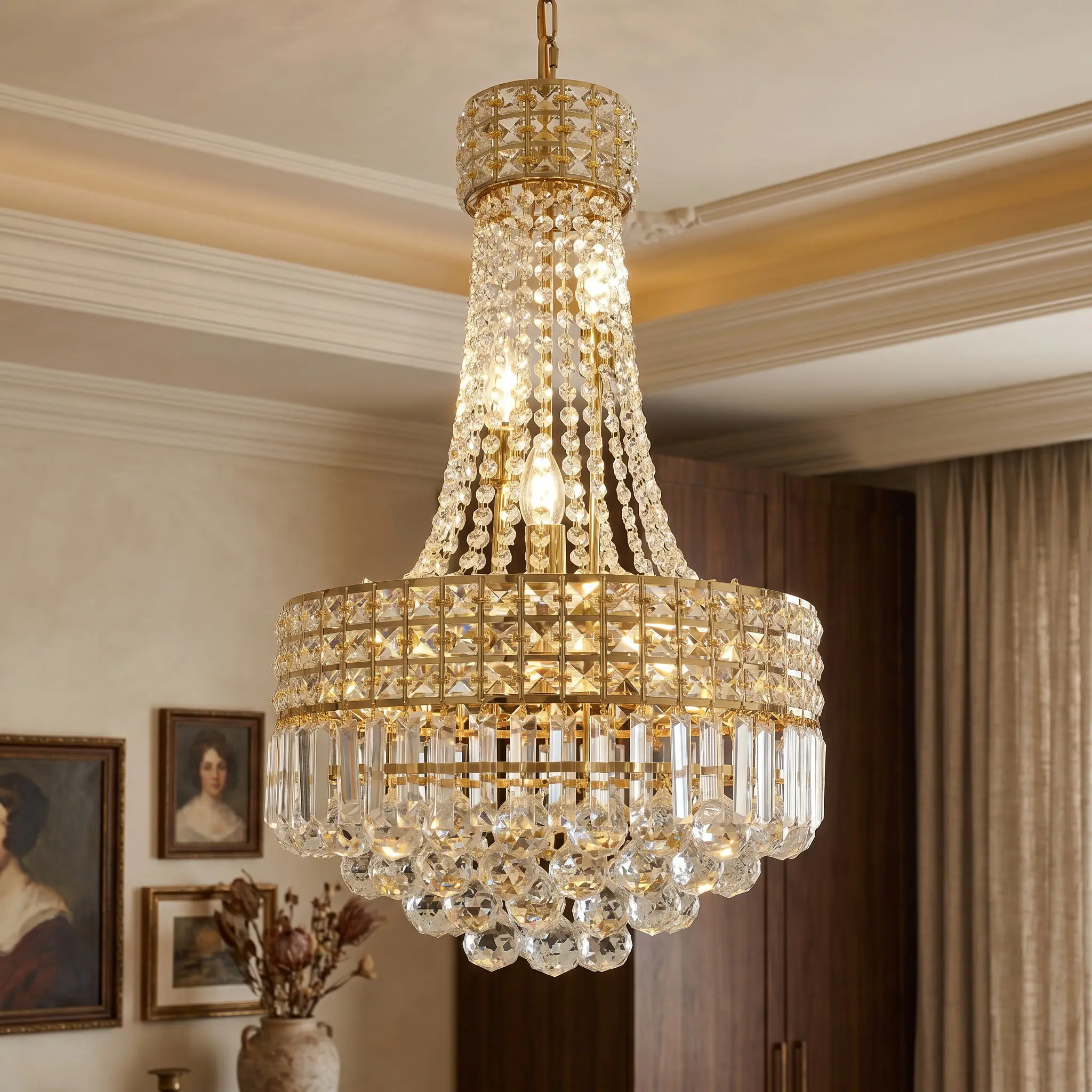 Luxury Gold Crystal Chandelier, Height-Adjustable Chain Modern 16.5-Inch E12 Crystal Chandelier for Dining Room/Corridor/Living Room