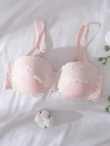 🔥 Women's Pink Lace Semi-Demi Bra with Underwire Push-Up Support, Elegant Floral Lace Trim, Adjustable Thin Shoulder Straps & Multi-Row Back Hooks, Cute & Comfortable Everyday Lingerie Strappy Bra, Lace Bras