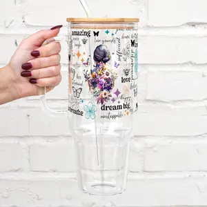 Sip-Sip Hooray! Positive Affirmations Inspirational Butterfly 16oz Glass Can Cup with Lid & Plastic and Glass Straws – Gift for Her, Birthday Drinkware, Reusable Cup Water Bottle Mug
