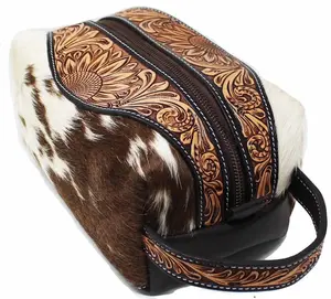 Personalized Customized Leather cowhide Travel Purse Bag Zip Pocket shaving cosmetic Toiletries Dopp Kit Travel Western Women Men