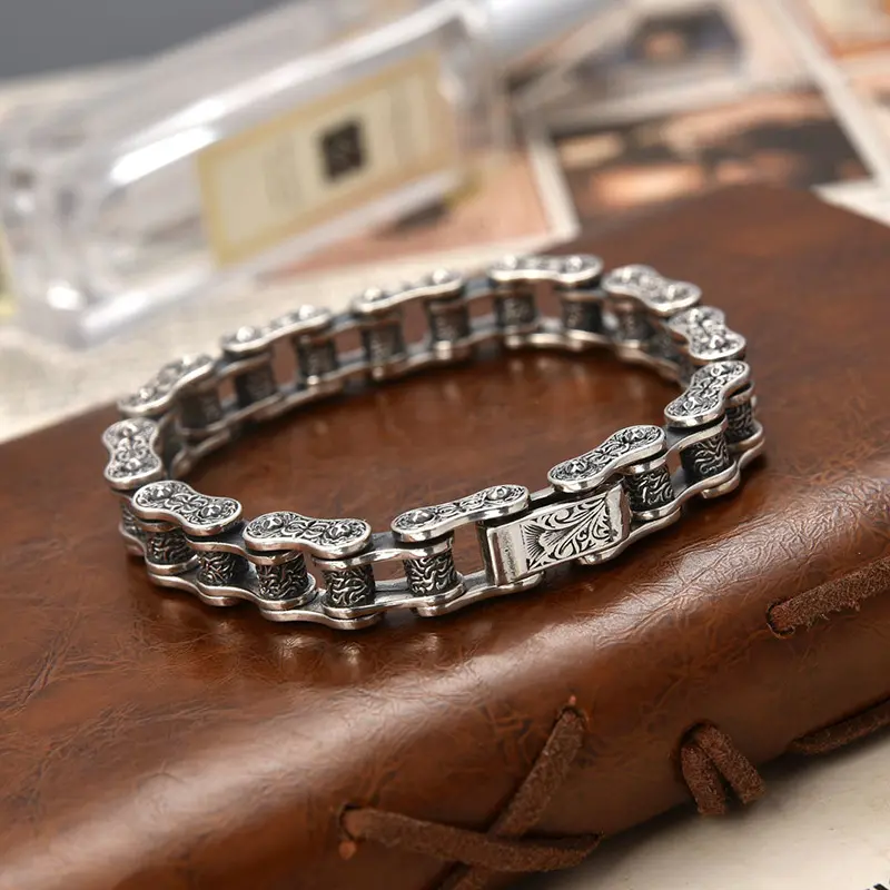 Tang grass pattern tank bracelet, trendy and domineering motorcycle style chain, fashionable men's vintage bracelet