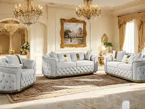 FM67002BG-SL Adelpha Beige Fabric Tufted/Plaid Accents with Gold Trim, 2 pc Set Featuring Curved Arms, Suitable for Sofa & Love Seat