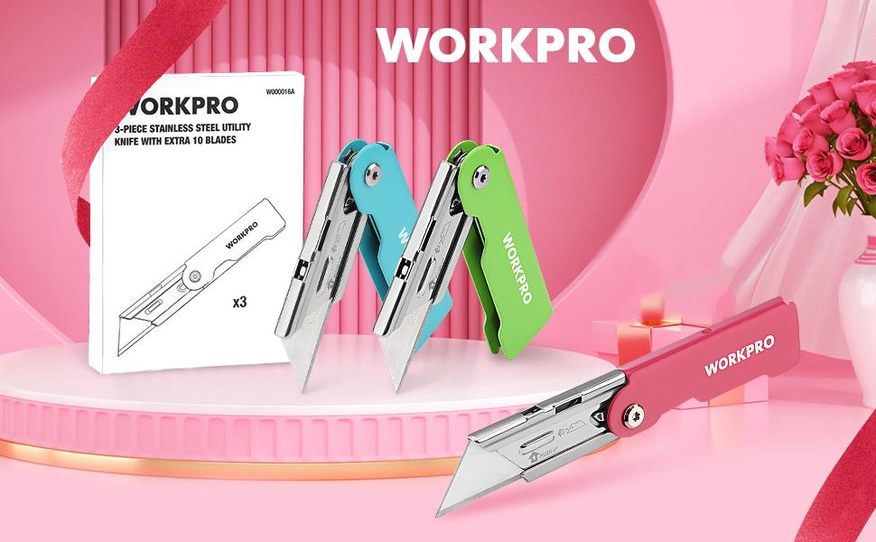 #Summervibes WORKPRO 3-Pack Folding Utility Knife Set, Quick Change Blade Box Cutter, Razor Knife with Belt Clip, 10 Extra SK5 Blades for Cartons, Cardboard and Boxes