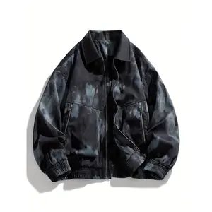 Bmuvlss Men'S Stylish Tie-Dye Gradient Jacket - Light Blue Casual Bomber with Lapel Collar, Long Sleeves, and Pockets for Spring & Fall, Casual Outerwear |   Trendy Bomber Jacket |   Durable Outerwear