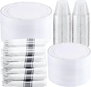 WELLIFE 350-Piece Gold Disposable graduation Plates and Cutlery Set - Premium 10.25" Dinner Plates, 7.5" Dessert Plates, 9oz Cups & Cutlery for Weddings, Catering Events - 50 Guest Service - Elegant & Sturdy