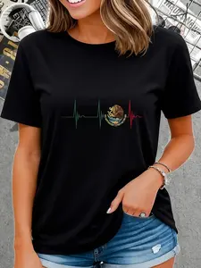 100% Cotton Unisex Mexico Heartbeat EKG Pulse Mexican Pride Emblem Mexico Flag T-Shirt