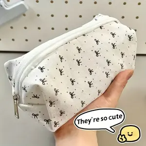 Cute Bow Design Large Capacity Stationery Storage Bag, Durable Fabric, Zipper Closure, Pattern, Suitable for School Office Travel