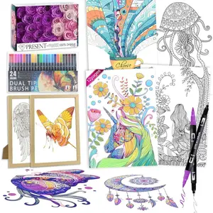 Adults Coloring Book with 24 Colors Markers for Women Relaxation, 12Pcs Coloring Pages for Adults with 2Pcs Photo frame and Markers, Hand-Drawn Design Thick Paper Non-Bleed, Mindfulness Gift for Women