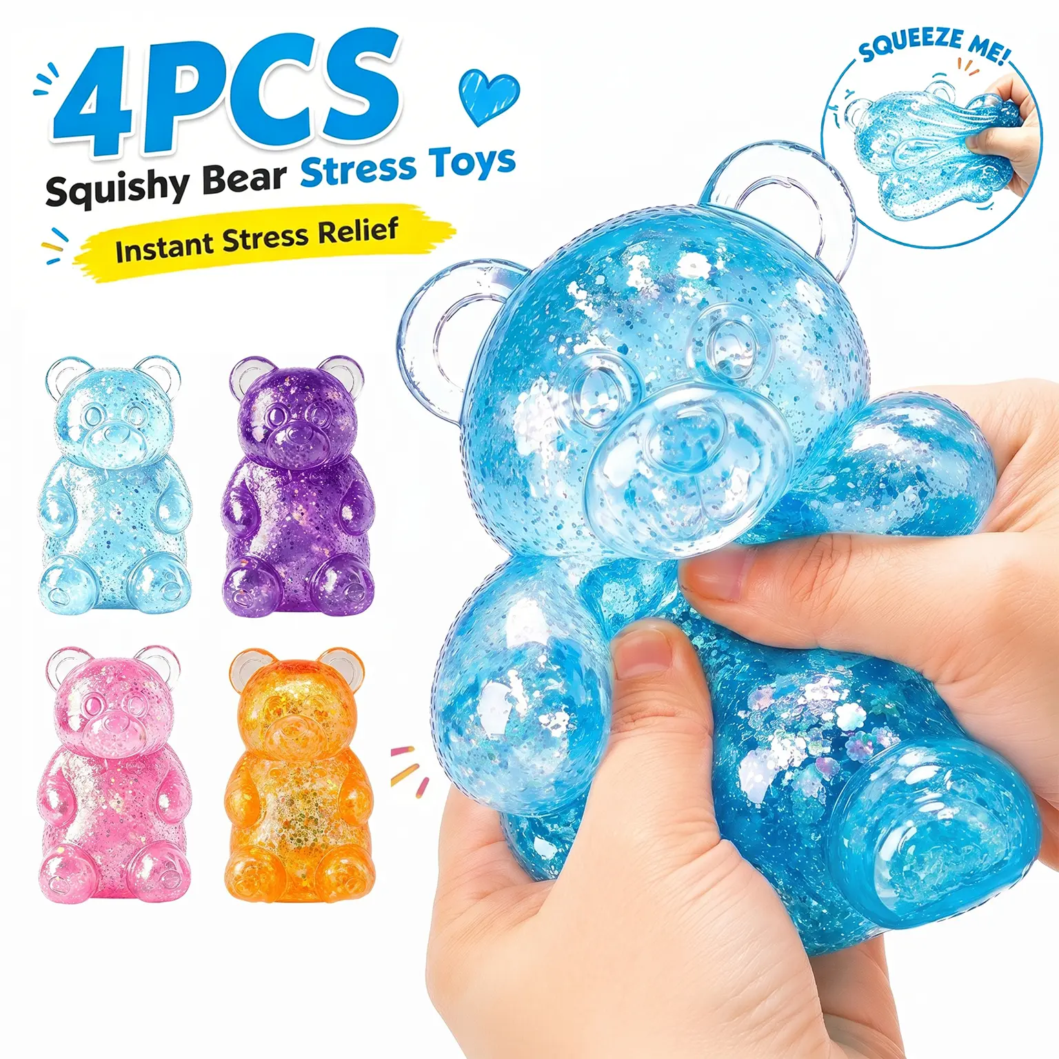 4-Pieces Glitter Gummy Bear Squishy with Slow Rising Sensory Squishy Toys, Stress Bear Squishy, Squishy Toys for Kids, Stress Balls Valentines Day Gifts Birthday Gifts Party Favors