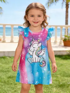 Toddler Cute Unicorn Print Dress for Girls, Summer Dresses, Summer Round Neck Knee-Length, Casual Fashion Style, Suitable for 1-6 Years, Party or Valentine's Gift