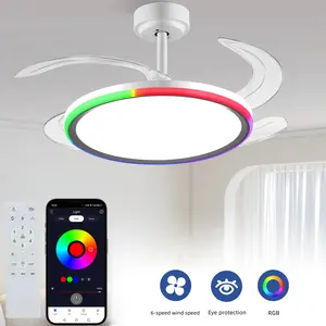 SUPERSHINX 42 Inch Modern Smart Ceiling Fan Slim Retractable Flush Mount APP Remote Control Dimmable Full Spectrum Memory 6-Speed Reversible Fan Room Decoration