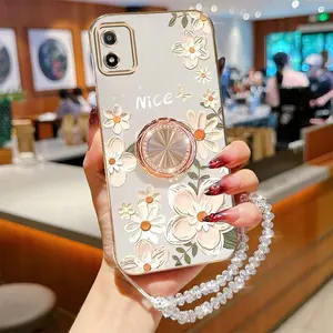 MOTOE13 White Perfect Flower Plating Crystal Jewelry Strap Lanyard Phone Holder Case with Impact Resistant Cover Compatible with For Motorola Moto E13