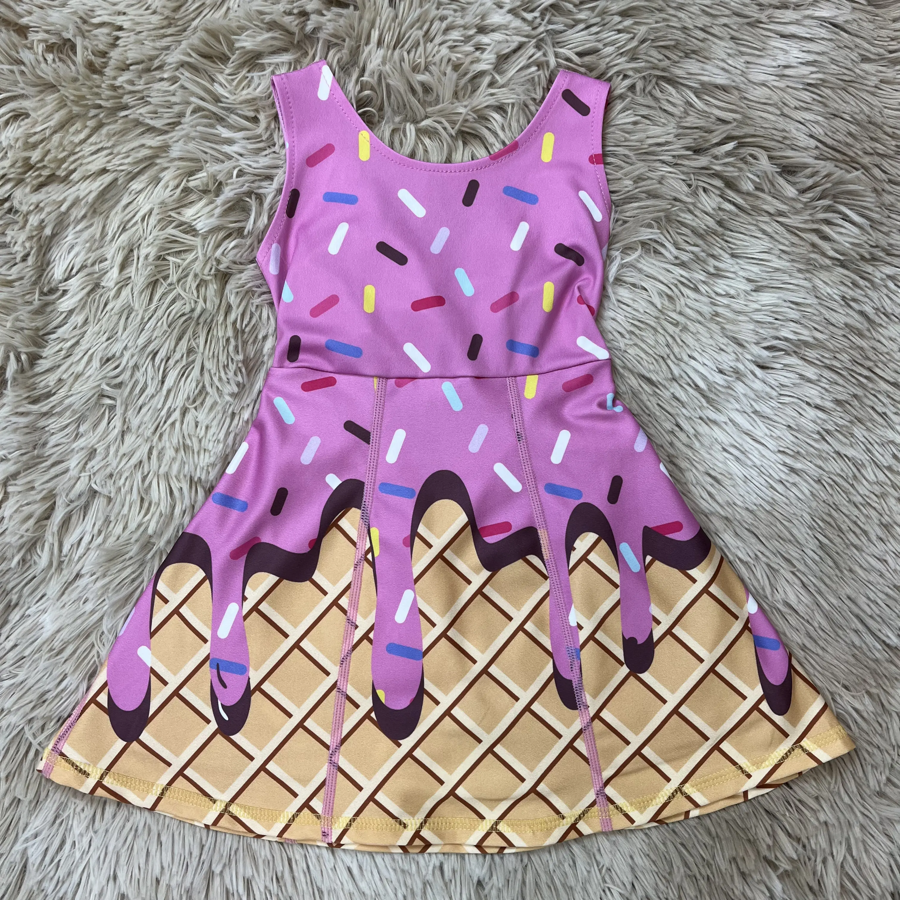 Girls' Sleeveless Athletic Dress with Fun Ice Cream Drip Print, Sporty Chic Cartoon Style Summer Activewear for Playful Days, Active Wear, Relaxed Fit, Runs Small, Light Sports