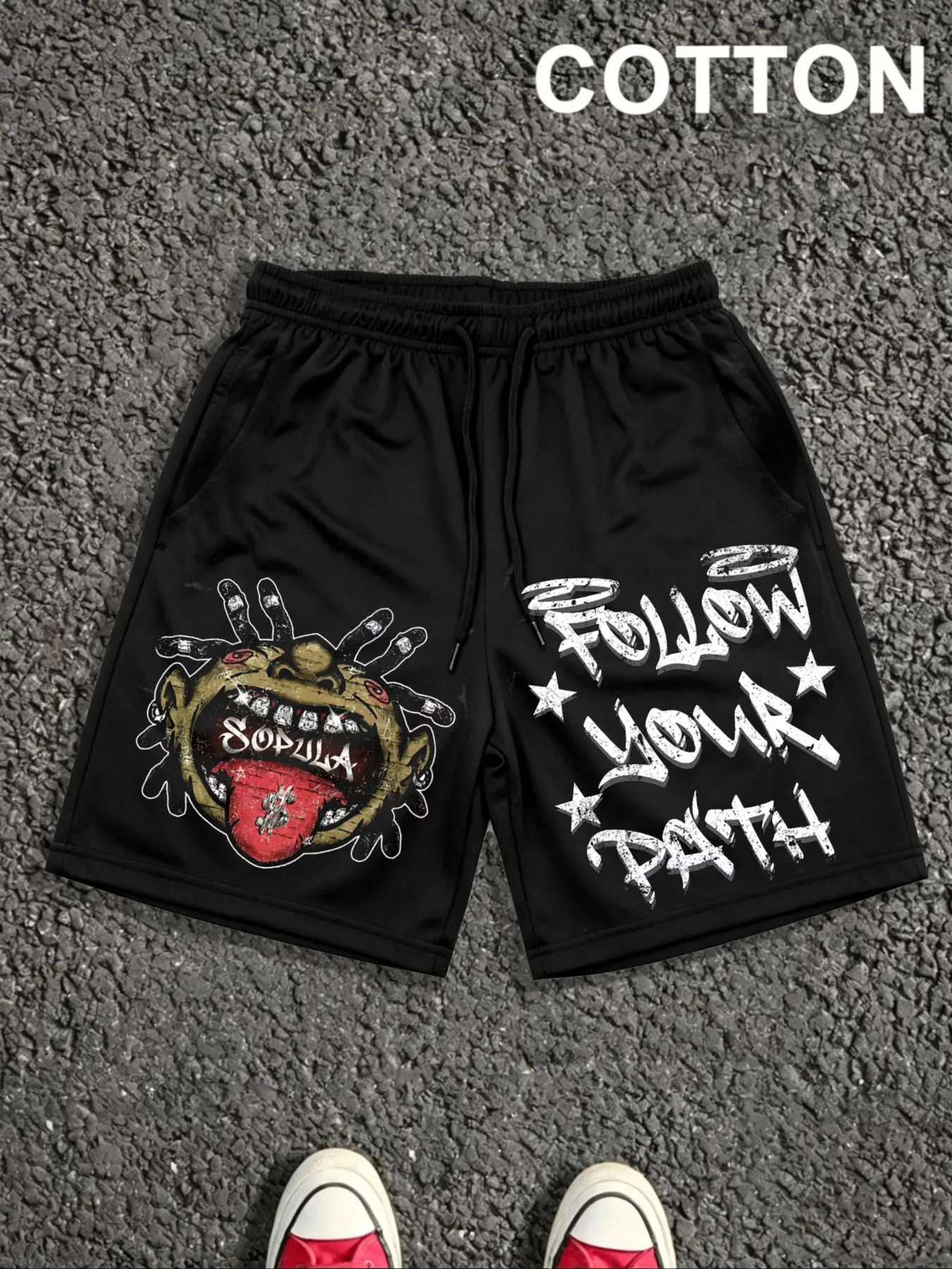 1 PCS Grunge Dreadlock Street Portrait & Follow Your Path Star Distressed Graffiti Graphic Print, Vintage Hip Hop Urban Streetwear Athletic Bottoms, Soft Breathable Unisex Shorts For Rap Fans Summer Skate Daily Outfit