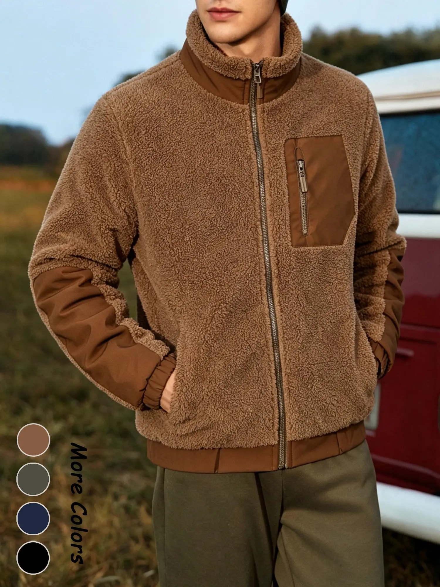 Men’s color-block fleece jacket with a stand collar and full zipper, warm fleece jacket suitable for outdoor hiking and casual streetwear.